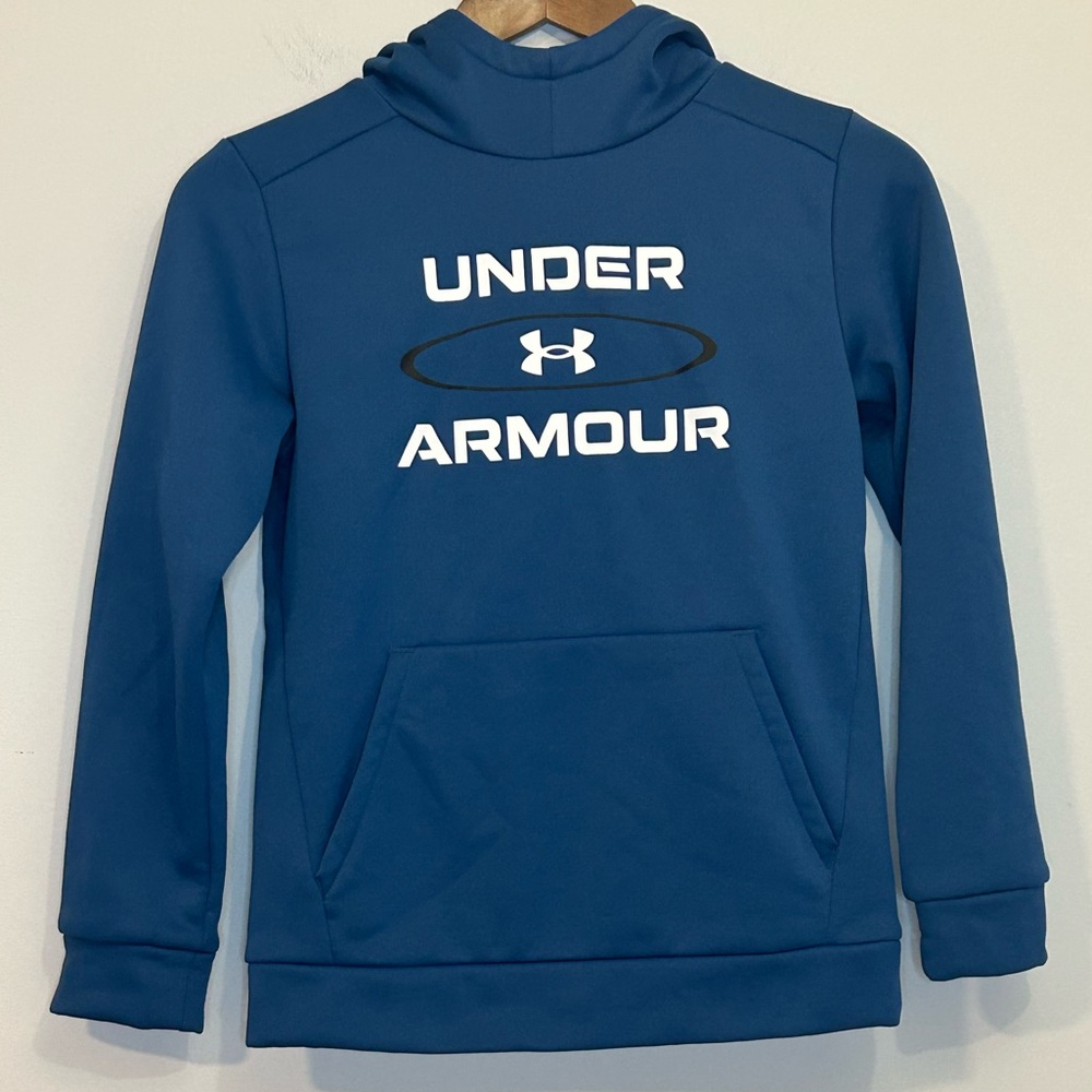 Under Armour Youth Medium Blue Logo Hoodie Fleece Lined Pullover